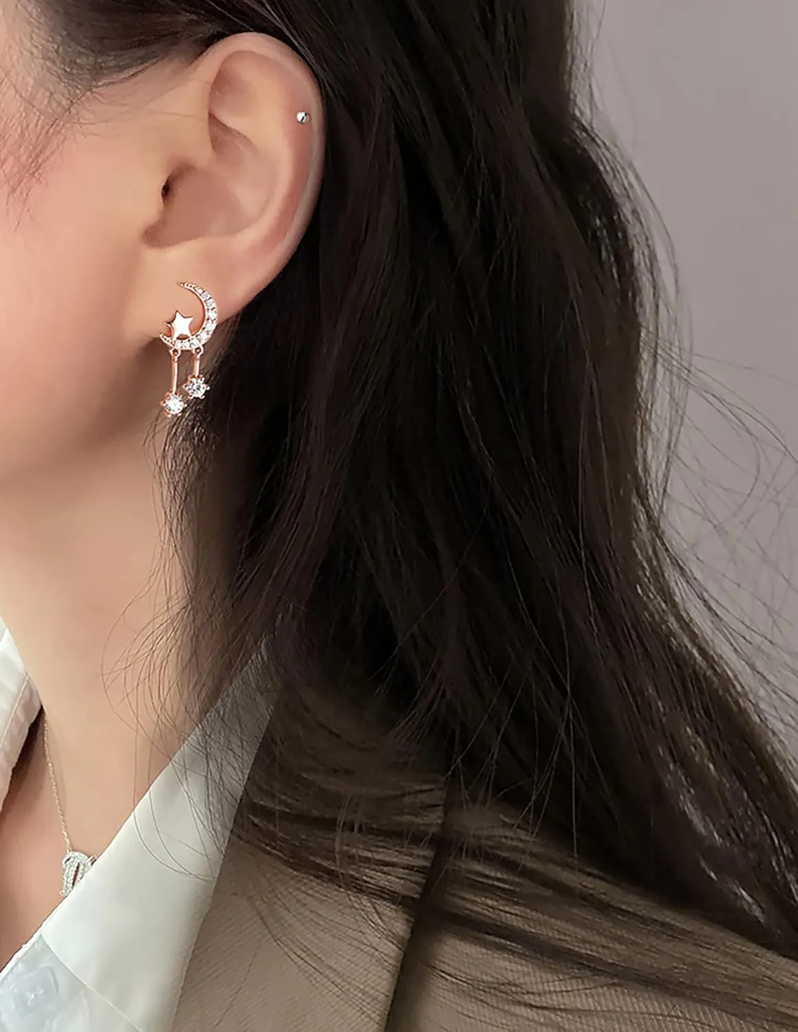 Reffeer 925 Sterling Silver Crescent Moon Star Earrings Studs for Women Teens CZ Moon Studs Earrings Star Tassel Earrings