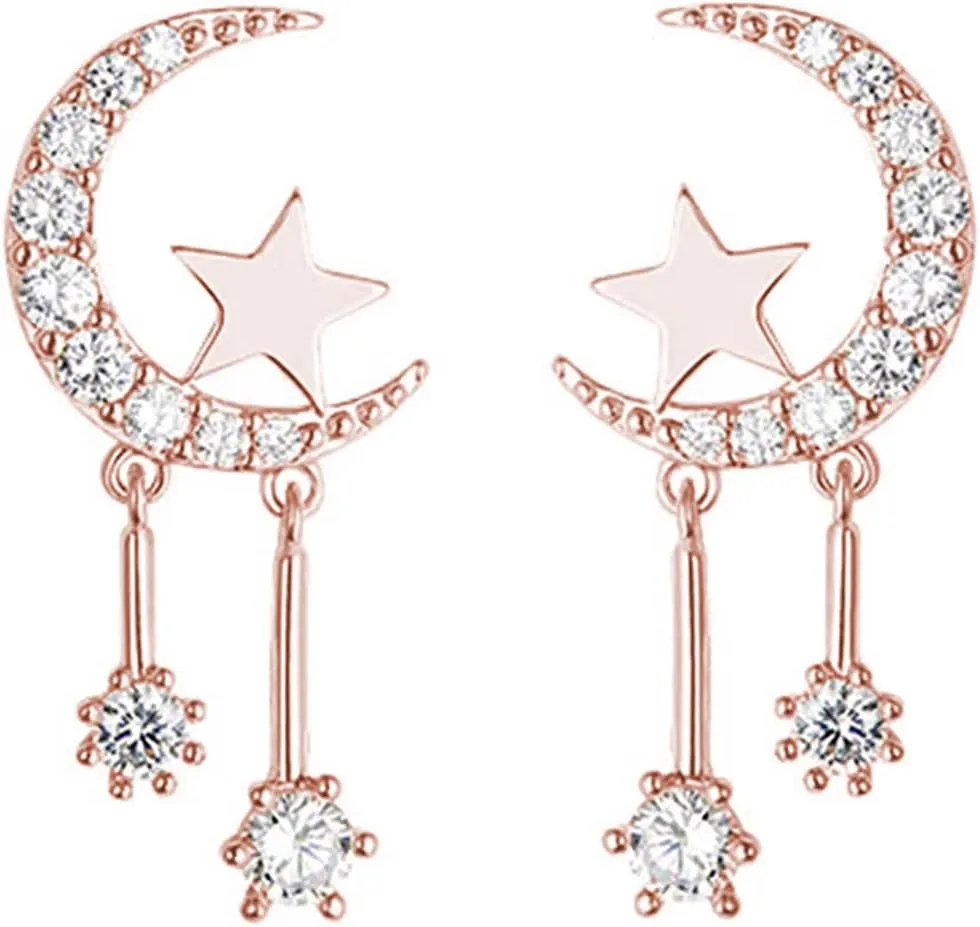 Reffeer 925 Sterling Silver Crescent Moon Star Earrings Studs for Women Teens CZ Moon Studs Earrings Star Tassel Earrings