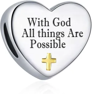 Religious Cross Charm Fits Pandora Bracelets Necklace Gold Plated Heart Bead with God All Things are Possible Jewelry for Woman Girl