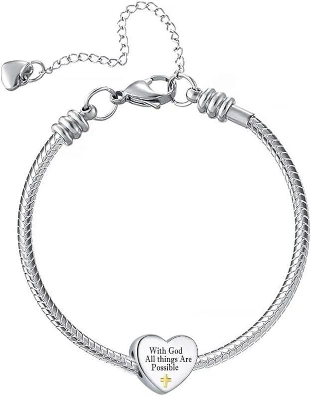 Religious Cross Charm Fits Pandora Bracelets Necklace Gold Plated Heart Bead with God All Things are Possible Jewelry for Woman Girl