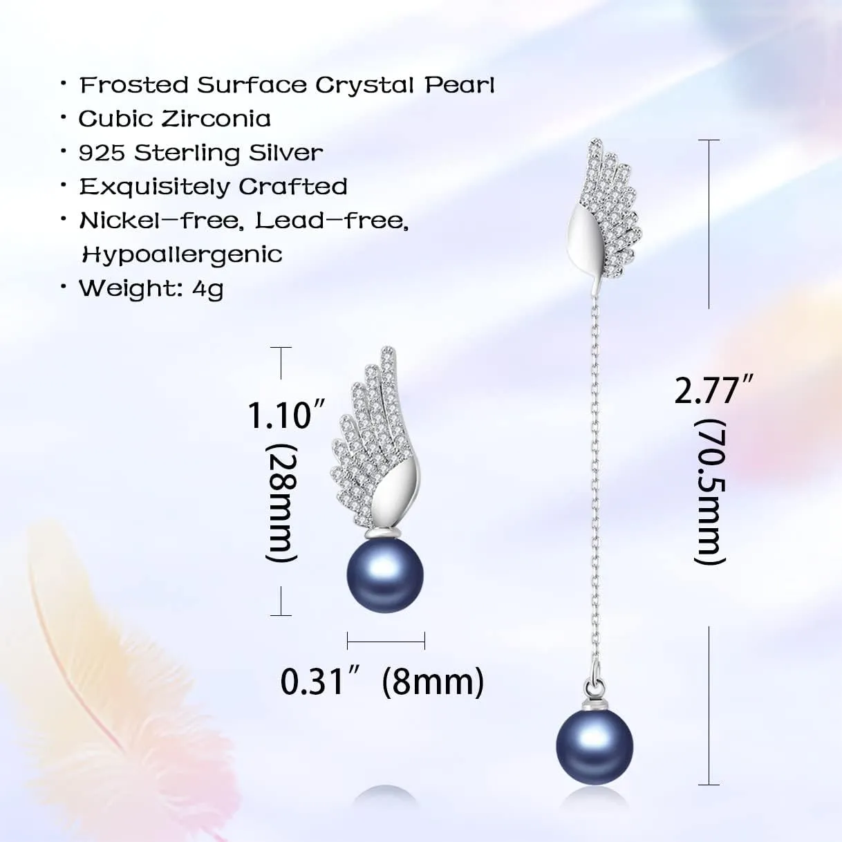 Richapex Asymmetrical Pearl Drop Dangle Earrings, 925 Sterling Silver Frosted Crystal Earring, Wings of Angels, Hypoallergenic, Anniversary Birthday Gifts for Women