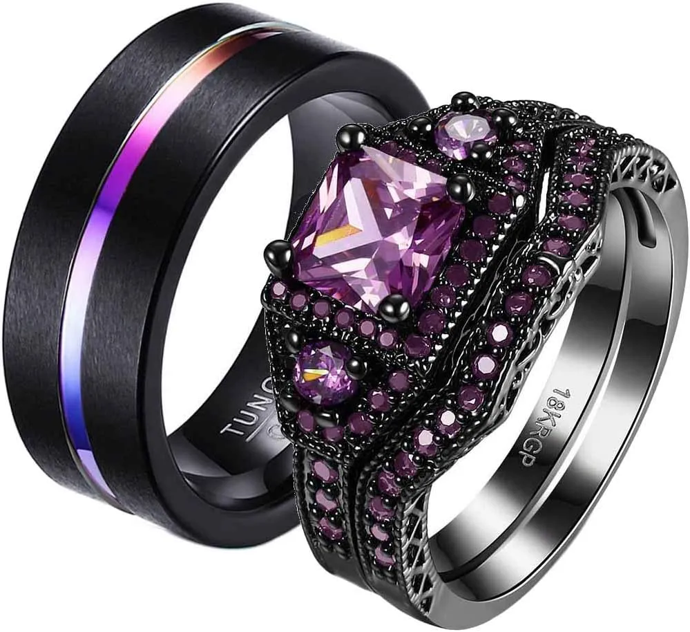 ringheart 2 Rings His and Hers Rings Black Plated Couple Rings Princess cut 6mm Green Cz Womens Wedding Ring Sets Titanium Steel Mens Wedding Bands