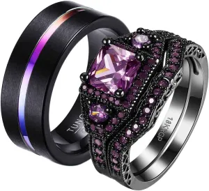 ringheart 2 Rings His and Hers Rings Black Plated Couple Rings Princess cut 6mm Green Cz Womens Wedding Ring Sets Titanium Steel Mens Wedding Bands