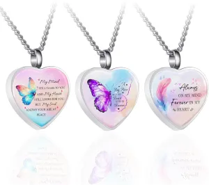 RIPFEVURN 3pcs Cremation Jewelry Heart Butterfly Urn Necklaces for Ashes for Women Stainless Steel Glass Urn Locket for Human Ashes Holder Memorial Keepsake Pendant