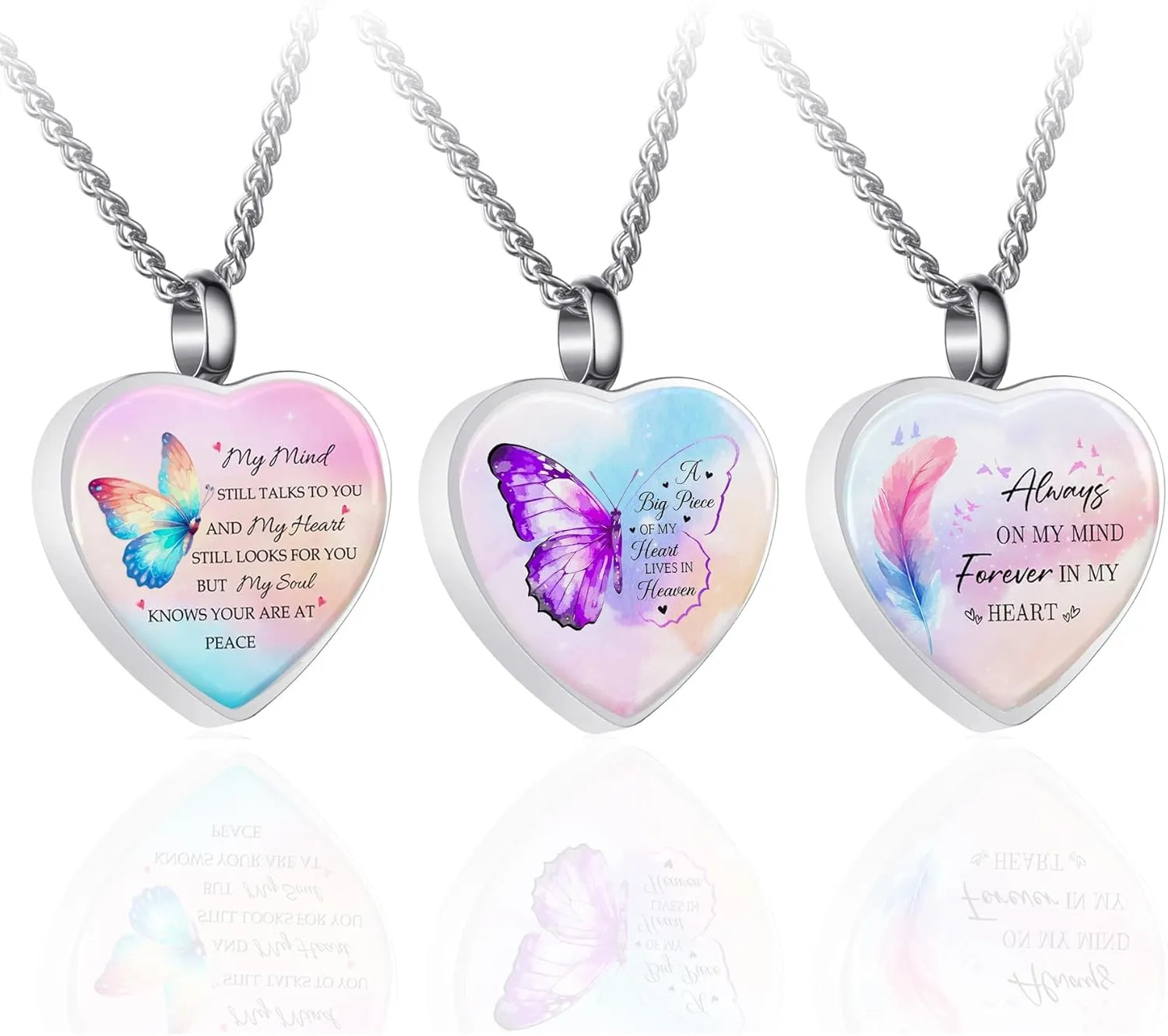 RIPFEVURN 3pcs Cremation Jewelry Heart Butterfly Urn Necklaces for Ashes for Women Stainless Steel Glass Urn Locket for Human Ashes Holder Memorial Keepsake Pendant