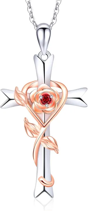 RIVIKO 925 Sterling Silver Cross Birthstone Necklace for Women Cross Rose Pendant Necklaces Trendy Christmas Valentine's Day Anniversary Jewelry Gift for Women Her Wife Girlfriends