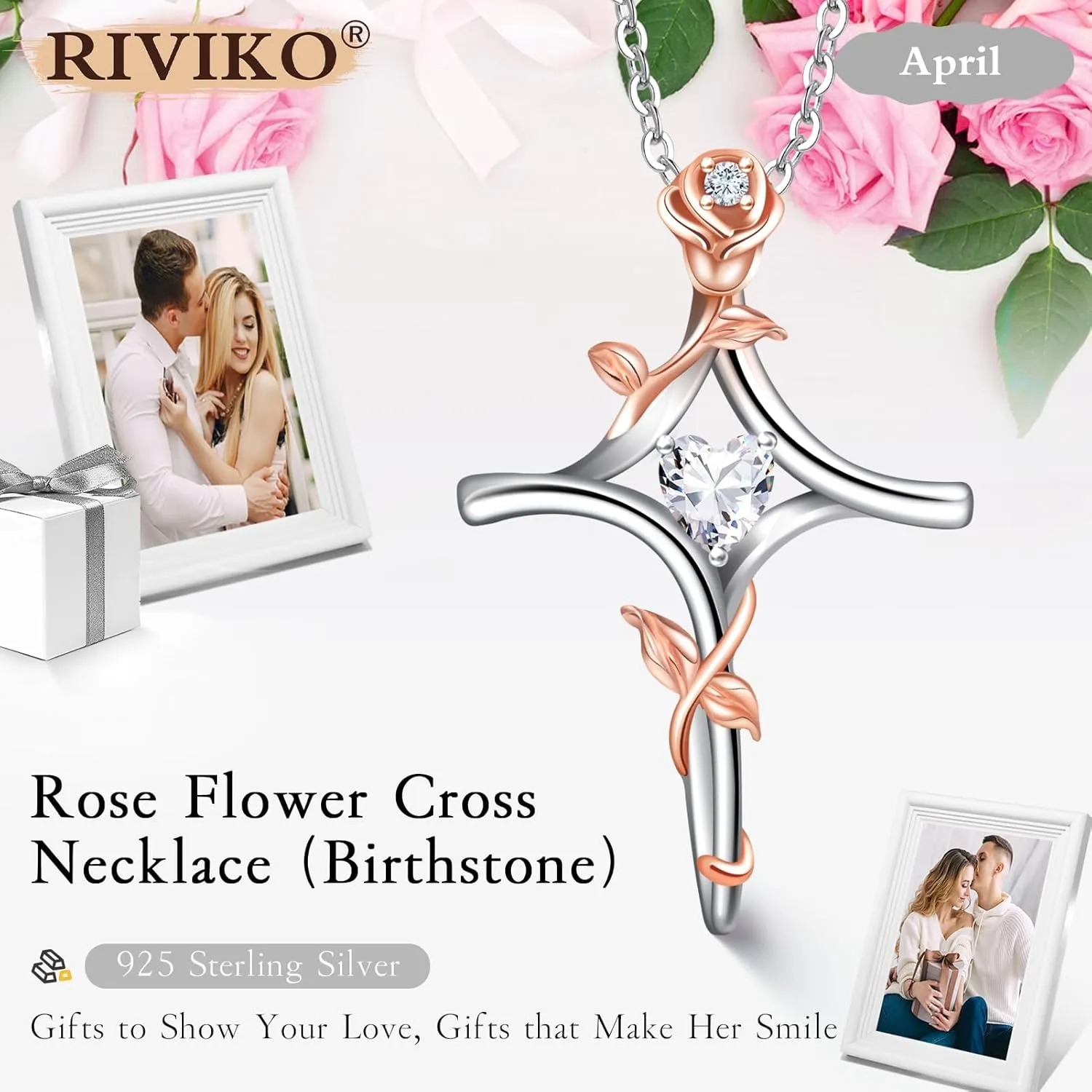RIVIKO Rose Flower Cross Necklace for Women,925 Sterling Silver Birthstone Necklaces Heart Pendant,Cross Jewelry Anniversary Birthday Gifts for Women Wife Mom Lady
