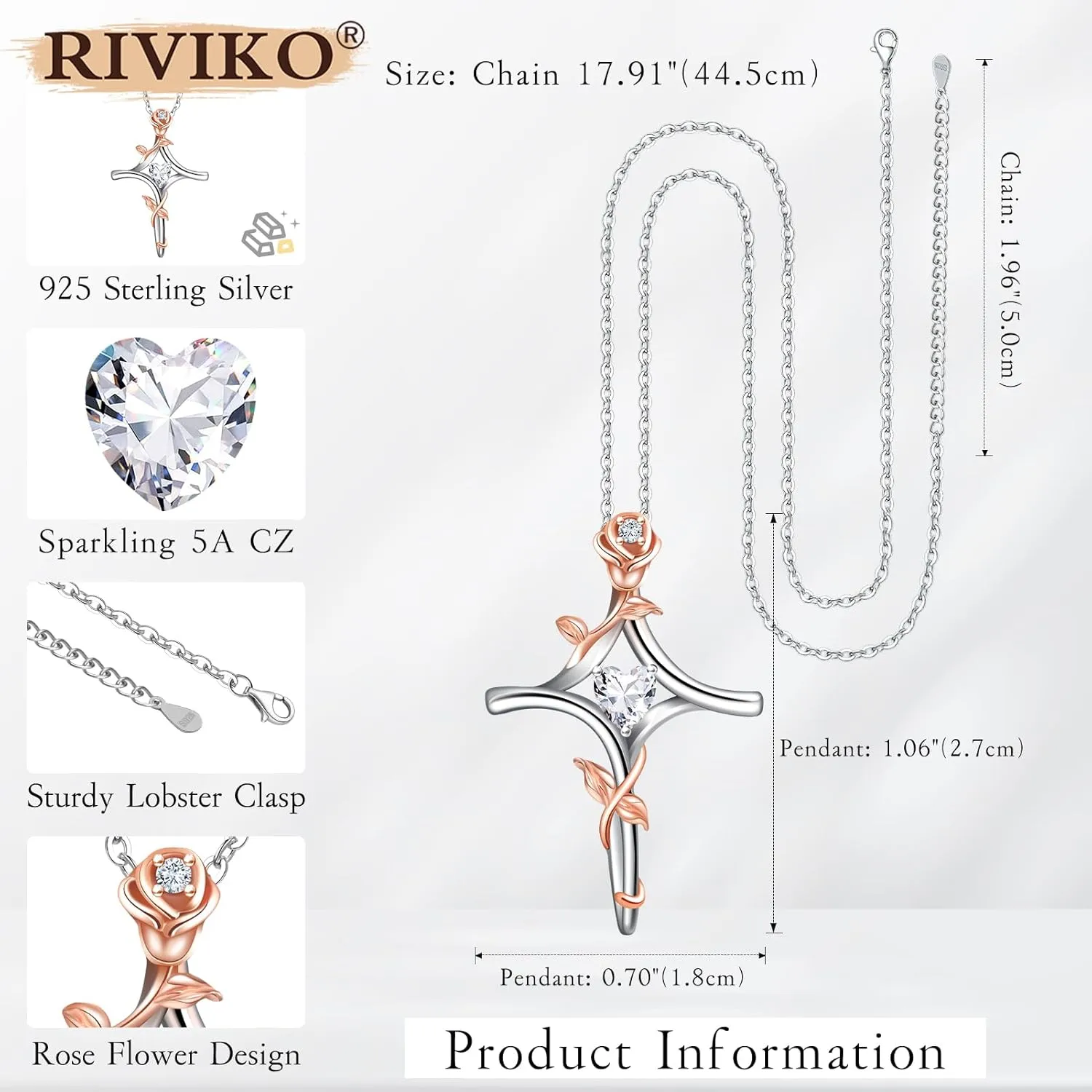 RIVIKO Rose Flower Cross Necklace for Women,925 Sterling Silver Birthstone Necklaces Heart Pendant,Cross Jewelry Anniversary Birthday Gifts for Women Wife Mom Lady