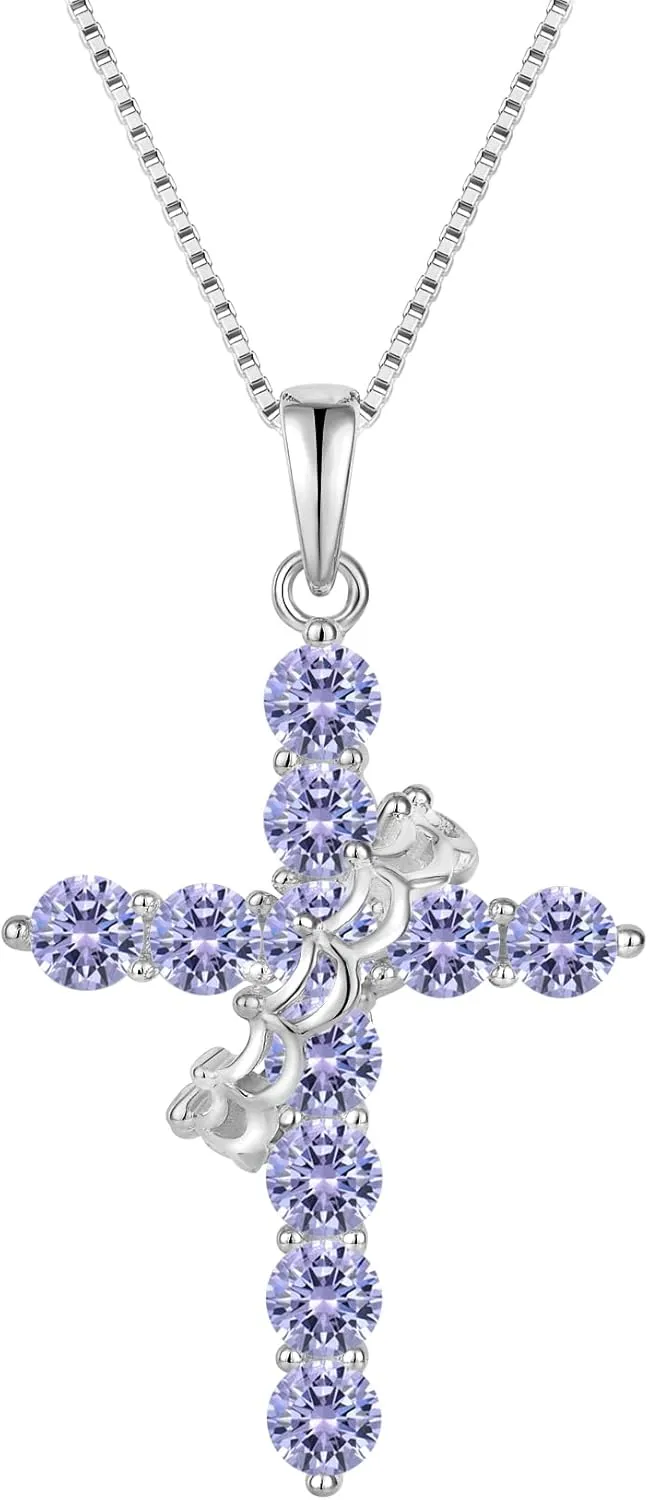 Rotated Crown Cross Necklaces for Women, 925 Sterling Silver Round Cut Zircon Neckalce Pendant With Ring Birthstones Jewelry for Her