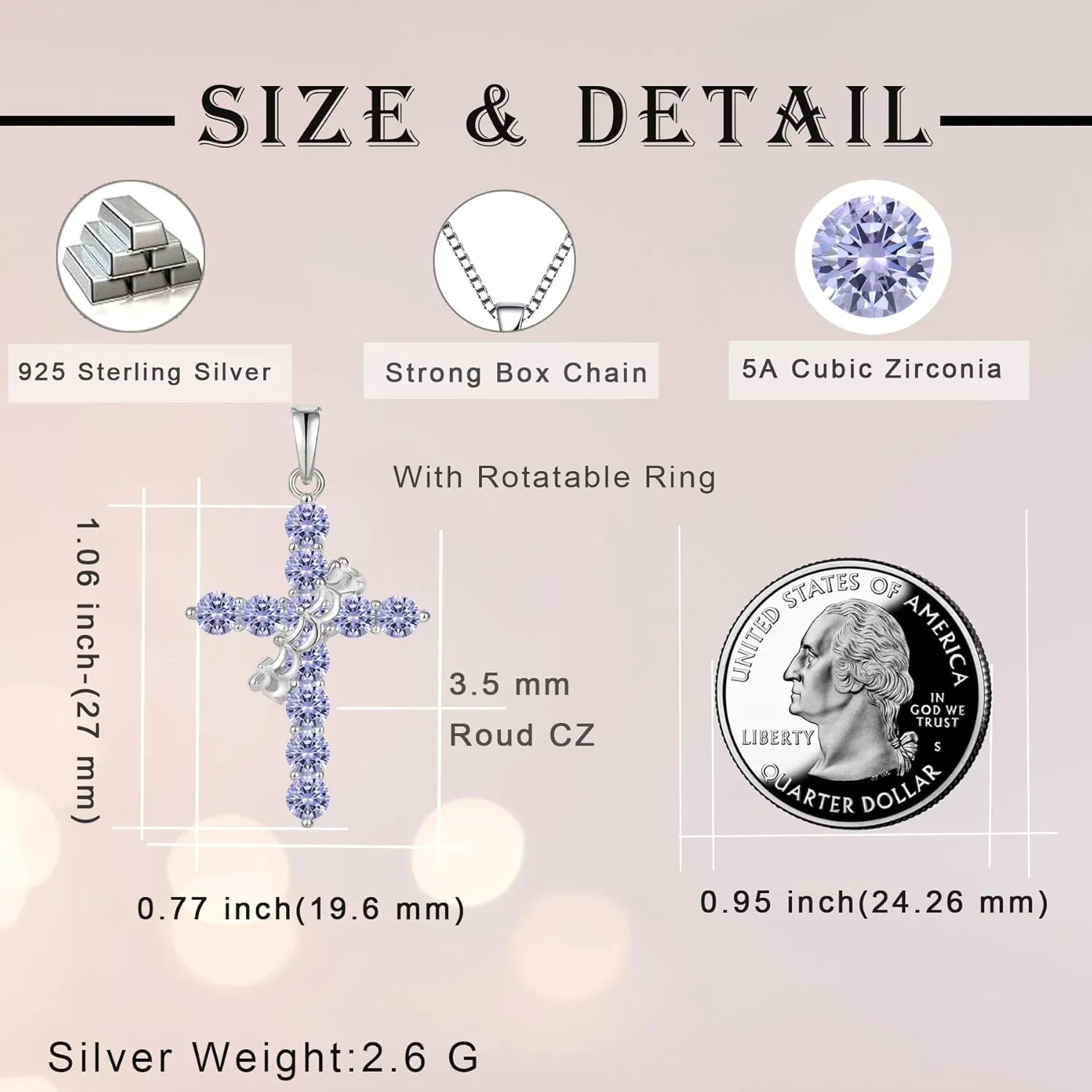 Rotated Crown Cross Necklaces for Women, 925 Sterling Silver Round Cut Zircon Neckalce Pendant With Ring Birthstones Jewelry for Her