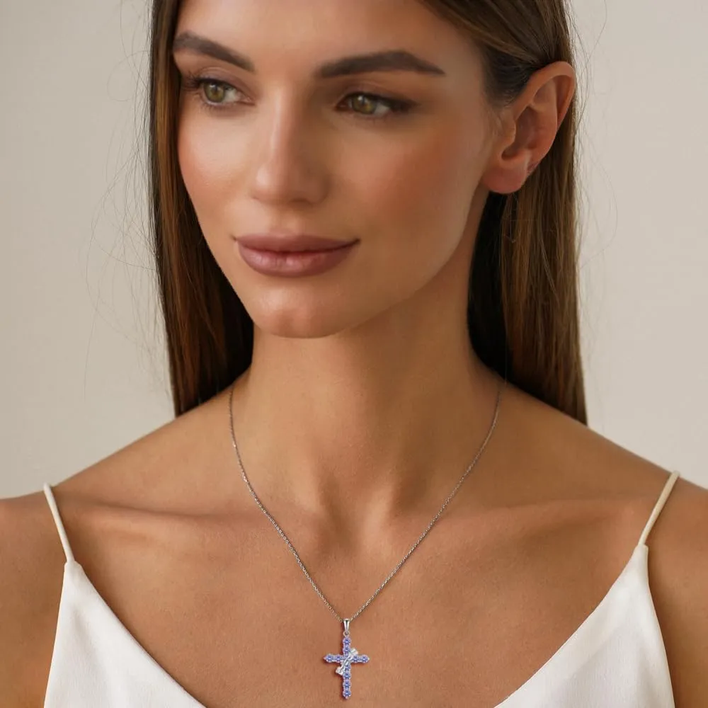 Rotated Crown Cross Necklaces for Women, 925 Sterling Silver Round Cut Zircon Neckalce Pendant With Ring Birthstones Jewelry for Her