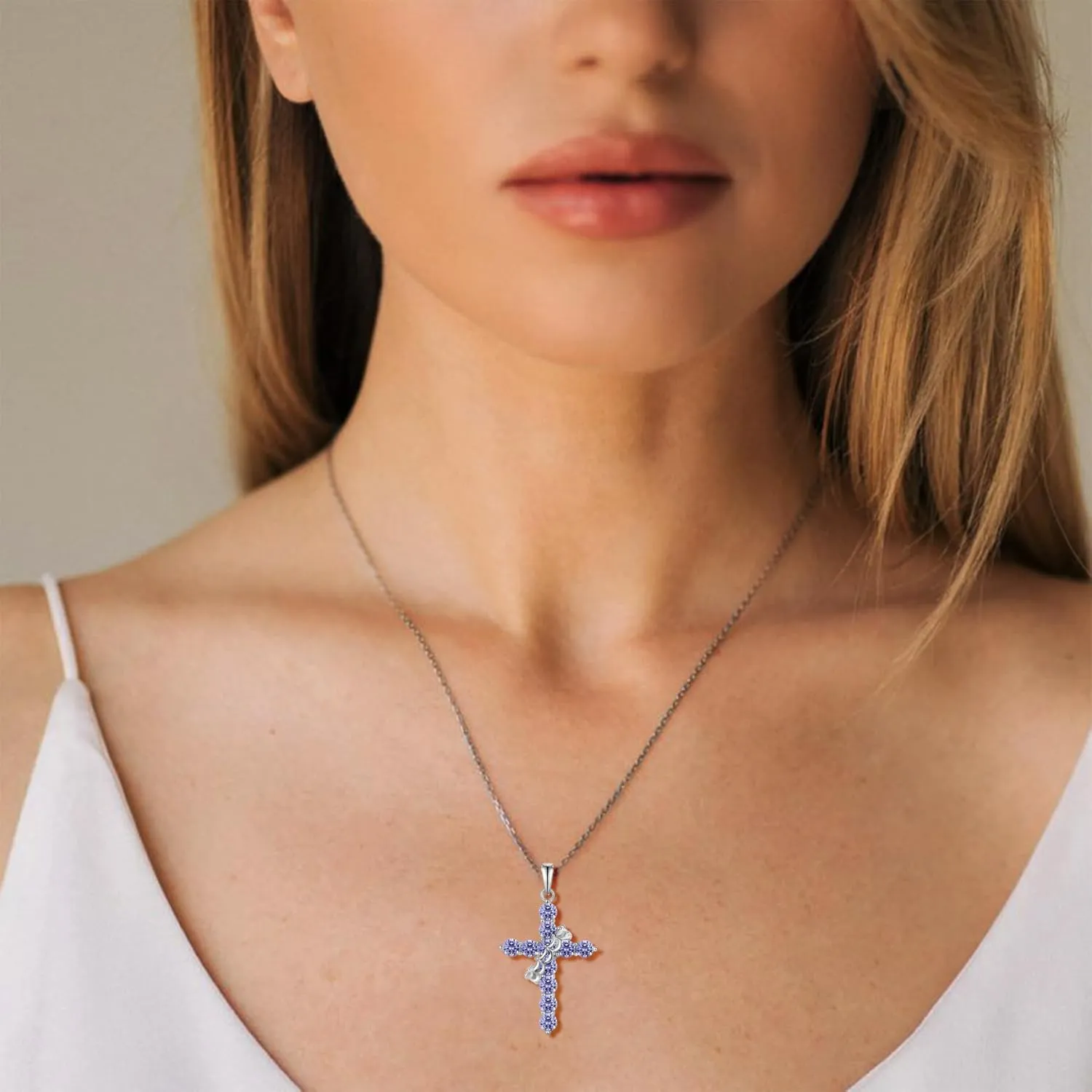 Rotated Crown Cross Necklaces for Women, 925 Sterling Silver Round Cut Zircon Neckalce Pendant With Ring Birthstones Jewelry for Her