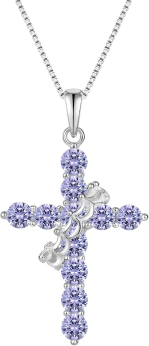 Rotated Crown Cross Necklaces for Women, 925 Sterling Silver Round Cut Zircon Neckalce Pendant With Ring Birthstones Jewelry for Her