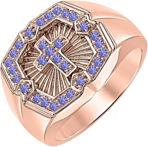 Round Tanzanite 14K Rose Gold Plated Cross and Shield of Faith Engagement Ring For Men's