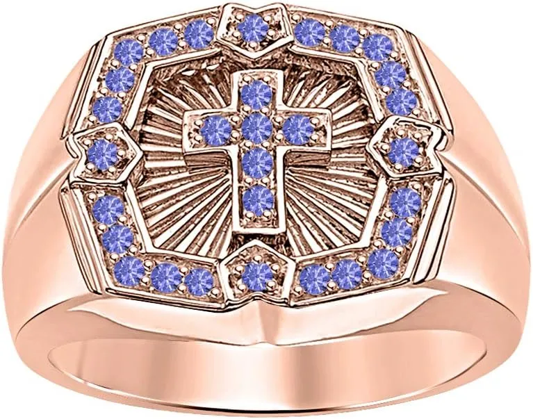Round Tanzanite 14K Rose Gold Plated Cross and Shield of Faith Engagement Ring For Men's