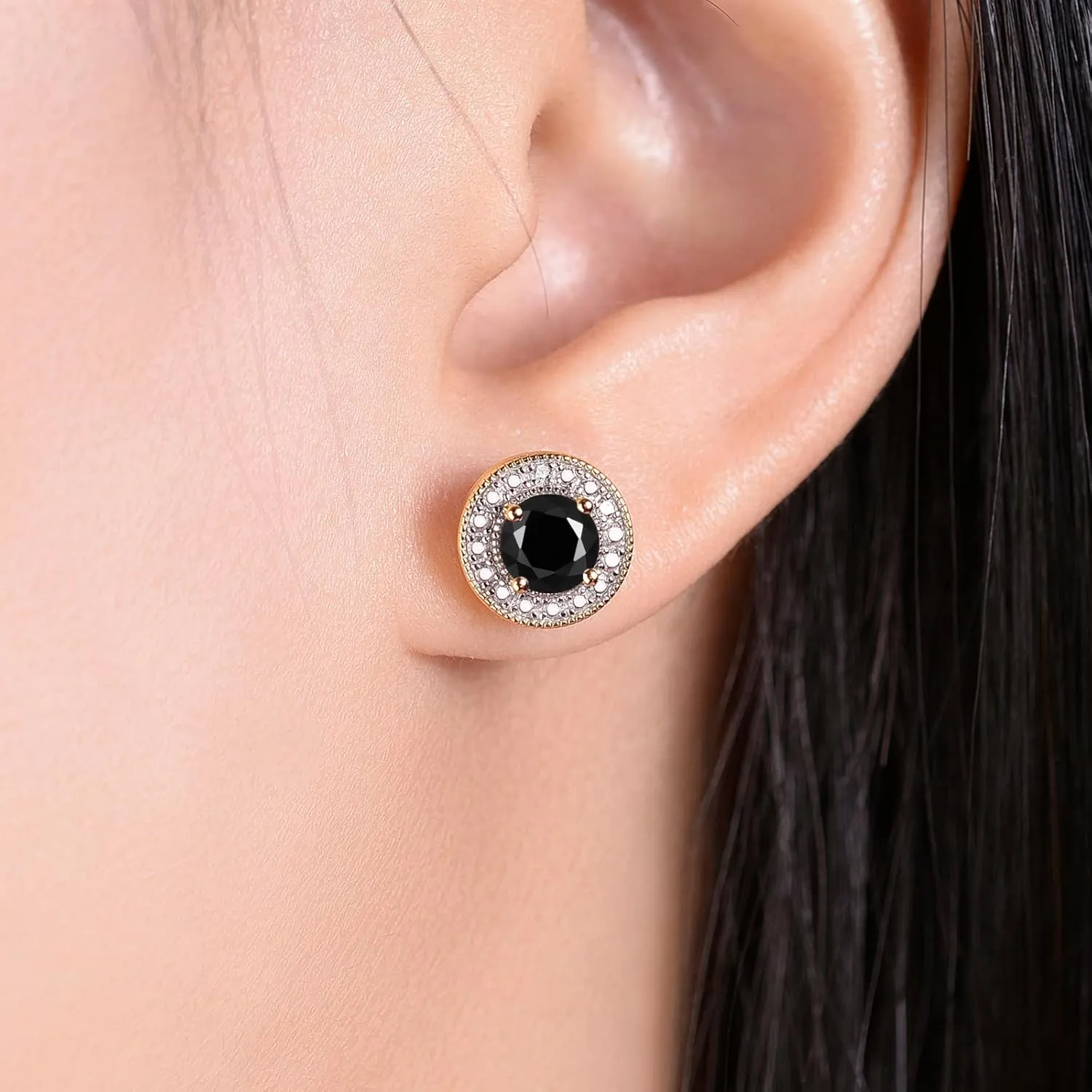 RYLOS Yellow Gold Plated Silver Halo Stud Earrings - 4MM Round Gemstone & Diamonds - Exquisite Birthstone Jewelry