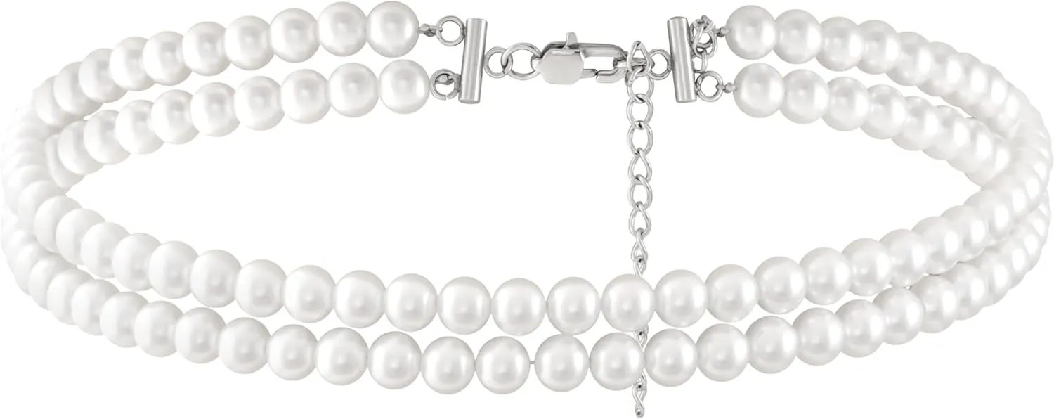 Sacina Boho 1920s Layered 2 Row Imitation-Pearl Choker Necklace, Bridal Necklace, 1920s Vintage Jewelry, Christmas Jewelry Gift for Women