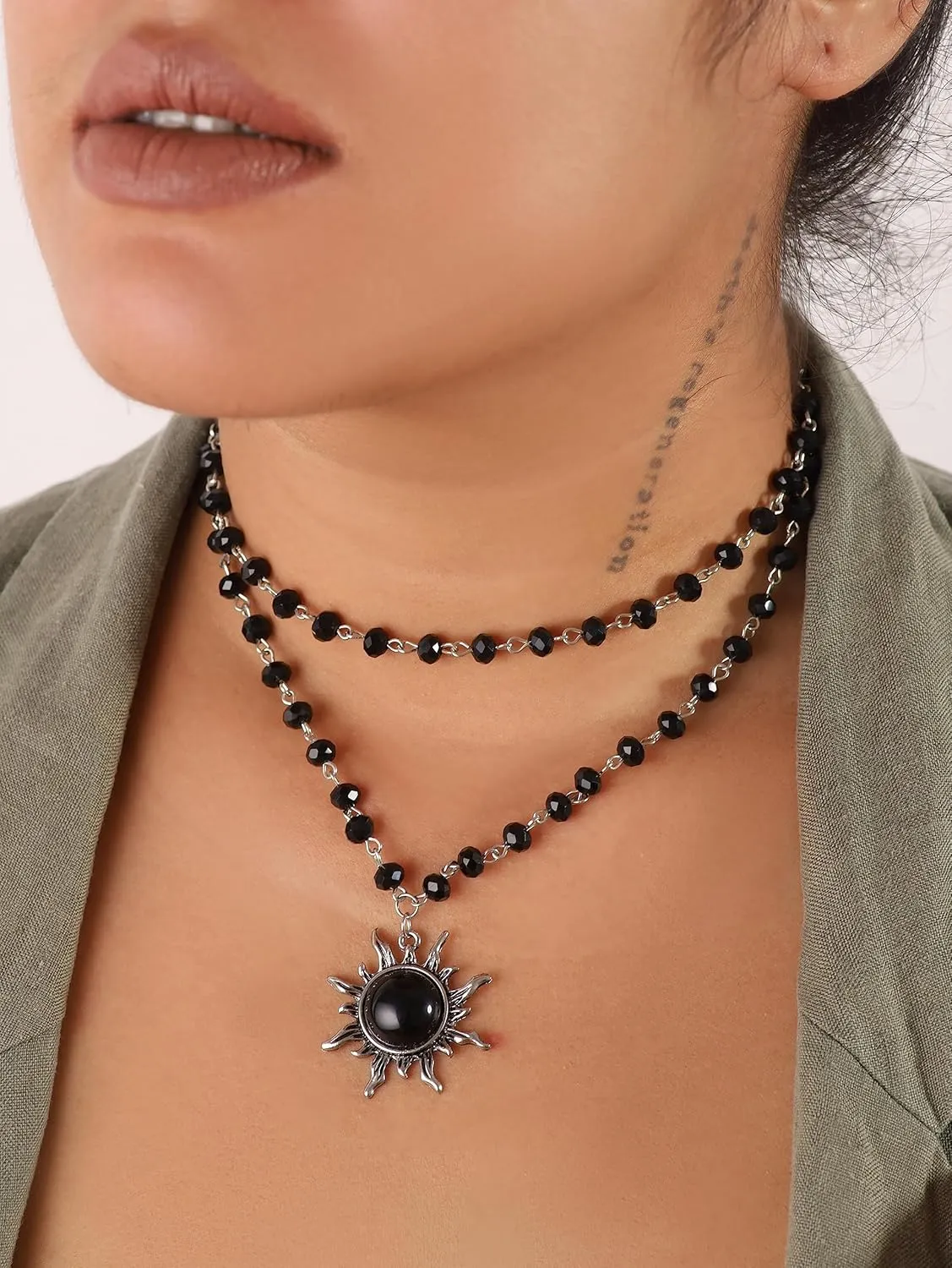 Sacina Gothic Emo Grunge Sun Choker, Black Bead Choker Necklace, Black Jewelry, Gothic Goth Necklace, Halloween Christmas Jewelry Gift for Women