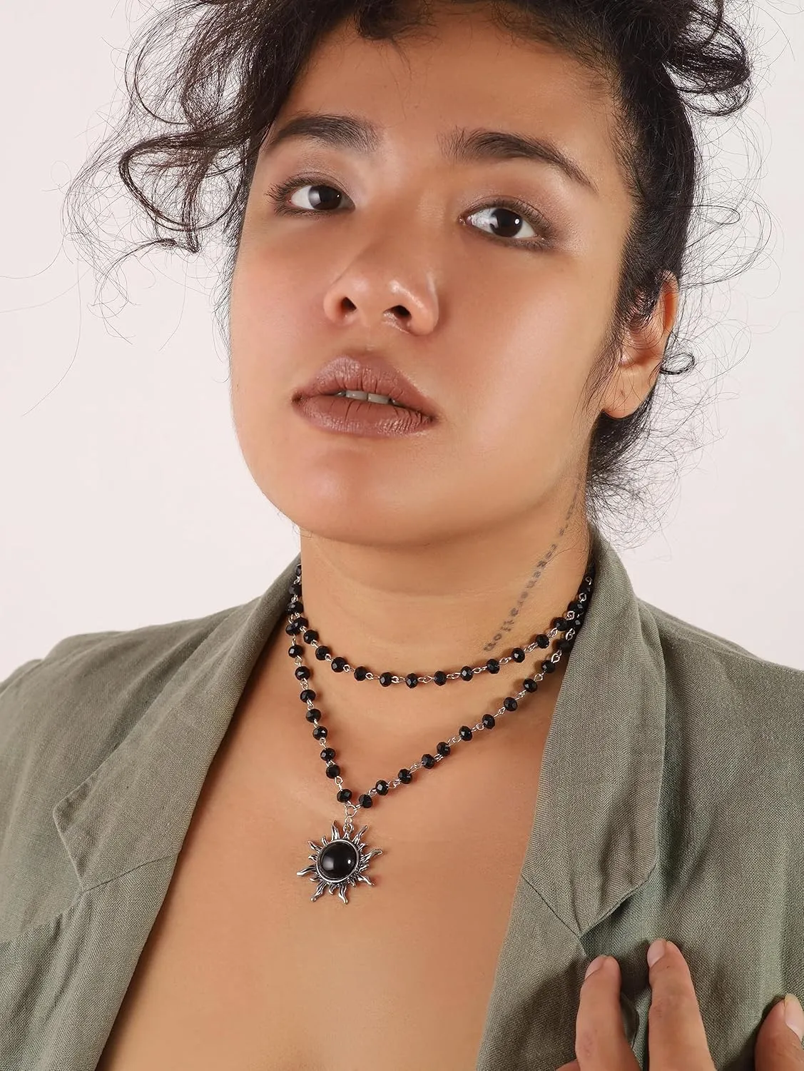 Sacina Gothic Emo Grunge Sun Choker, Black Bead Choker Necklace, Black Jewelry, Gothic Goth Necklace, Halloween Christmas Jewelry Gift for Women