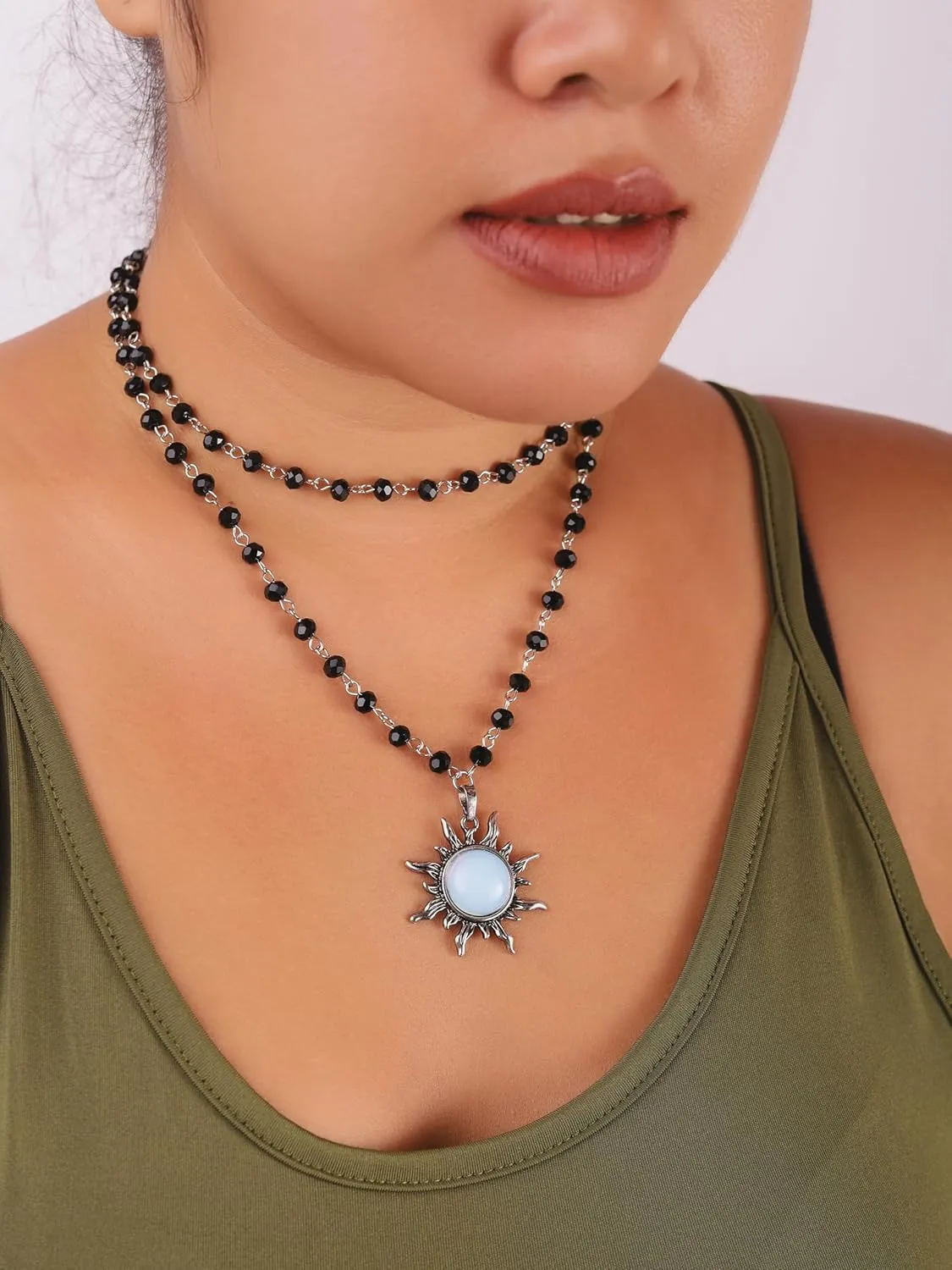 Sacina Gothic Emo Grunge Sun Choker, Black Bead Choker Necklace, Black Jewelry, Gothic Goth Necklace, Halloween Christmas Jewelry Gift for Women