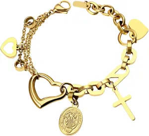 Saint Benedict Cross Bracelet for Women, Silver Stainless Steel Adjustable Layered Link Paperclip Bracelets Jewelry Gifts