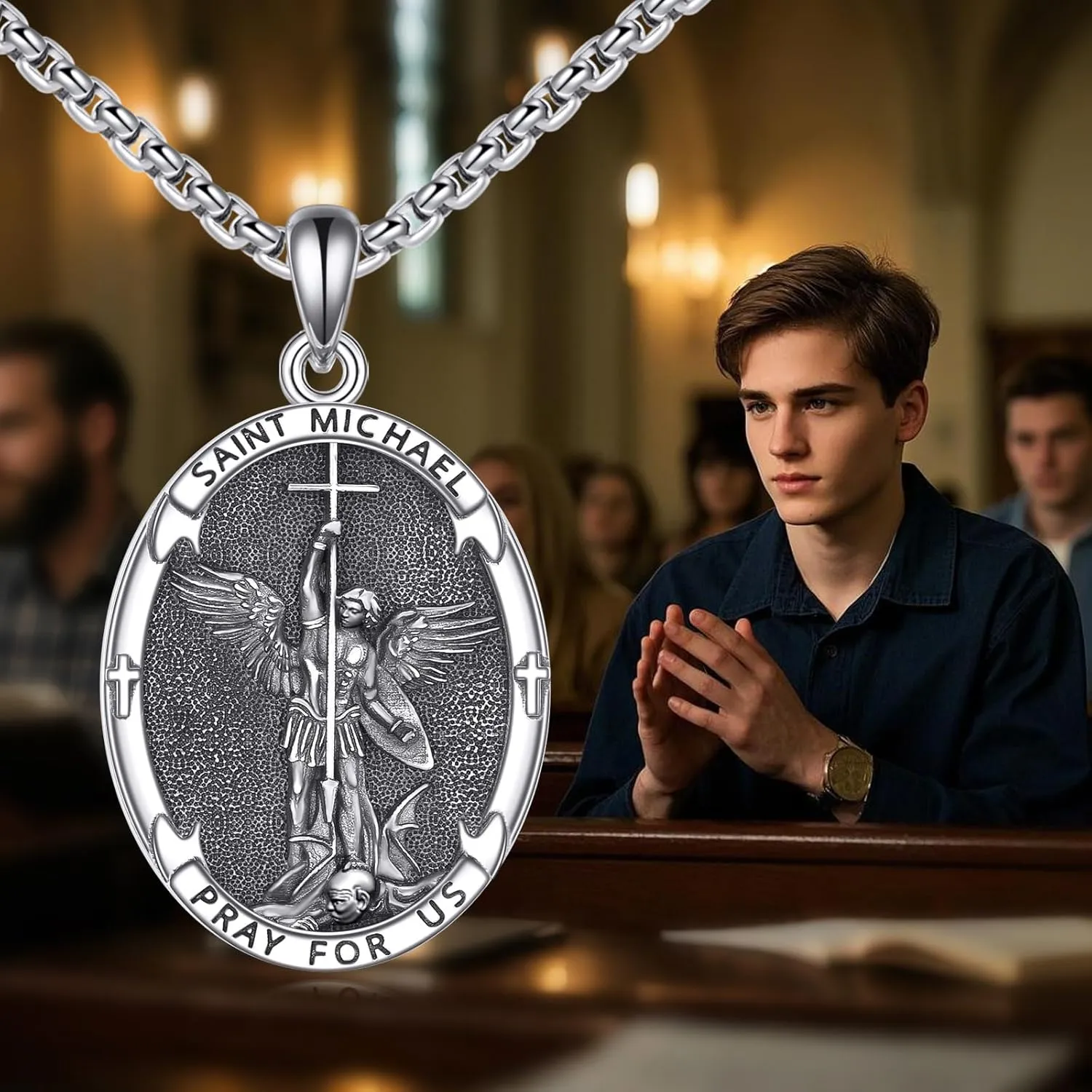 Saint Jude/Michael/Muerte/Benedict/Mary/Dymphna Necklace for Men Sterling Silver Pendant Necklaces Prtotect Jewelry Gifts for Men Women