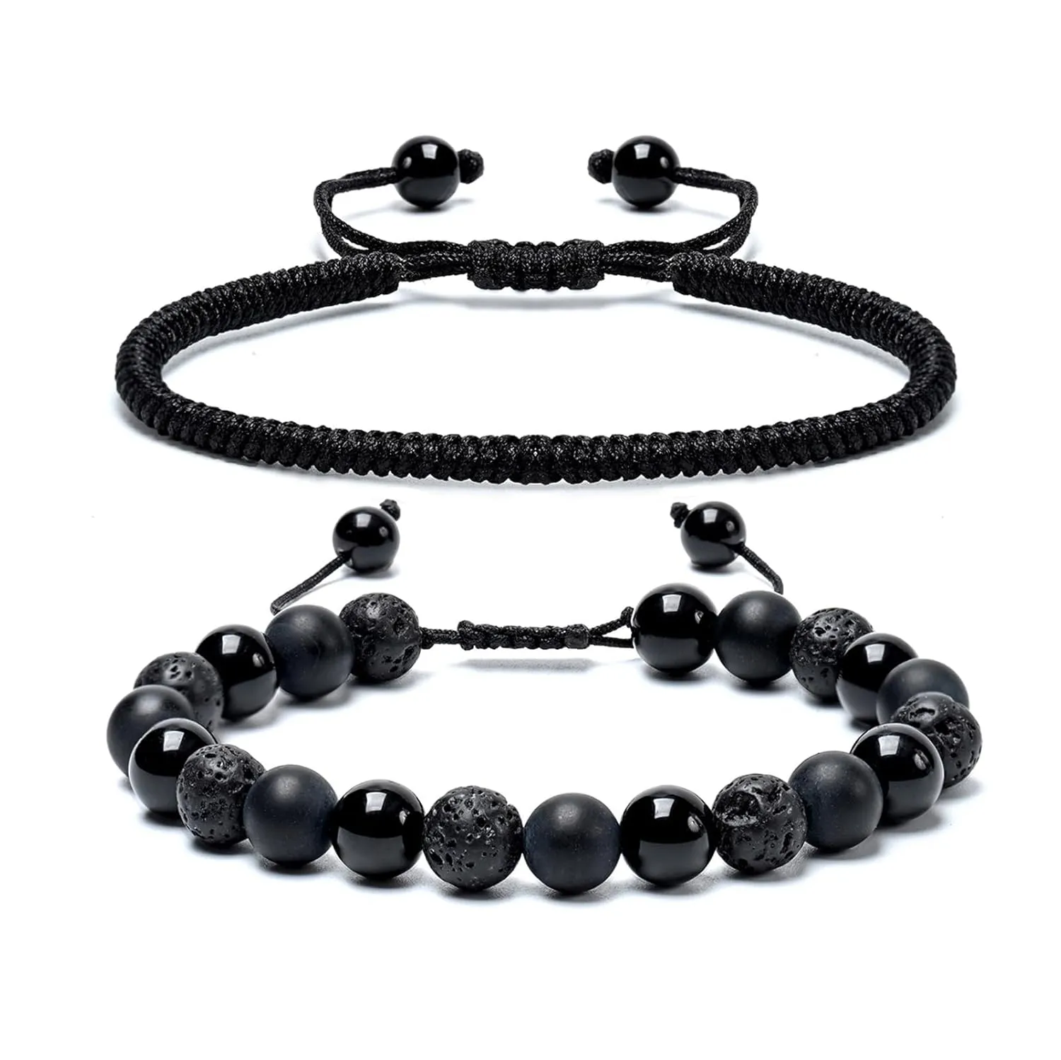SAMXY Mens Bracelets Beads-8MM Black Onyx Obsidian Lava Stone Beads-2Pcs Handmade Natural Stone Crystal Healing Bracelet-Triple Protection Bracelet for Men Women Gifts