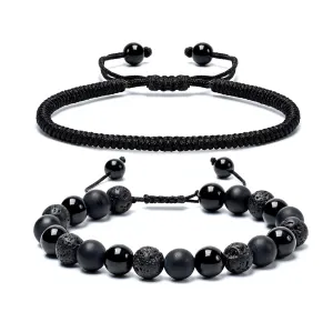 SAMXY Mens Bracelets Beads-8MM Black Onyx Obsidian Lava Stone Beads-2Pcs Handmade Natural Stone Crystal Healing Bracelet-Triple Protection Bracelet for Men Women Gifts