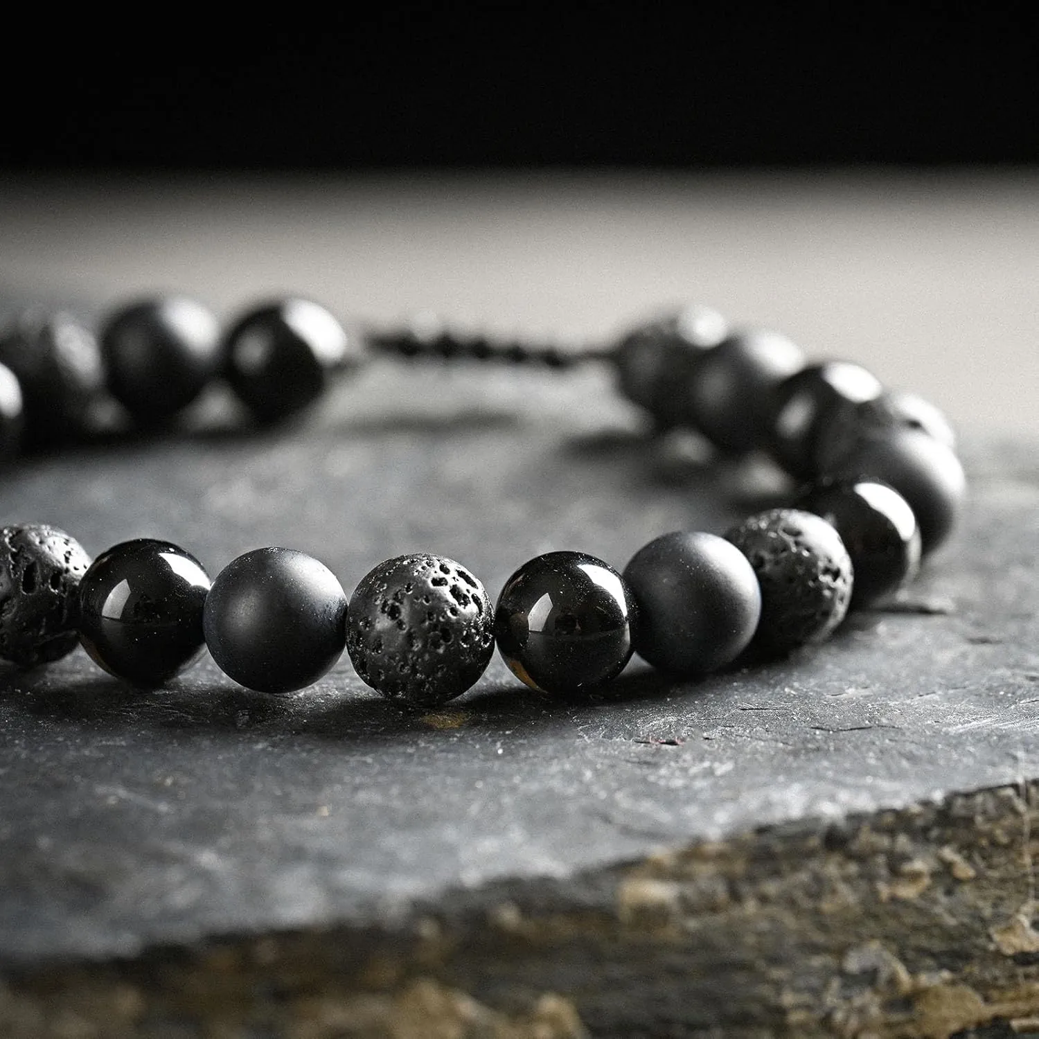 SAMXY Mens Bracelets Beads-8MM Black Onyx Obsidian Lava Stone Beads-2Pcs Handmade Natural Stone Crystal Healing Bracelet-Triple Protection Bracelet for Men Women Gifts