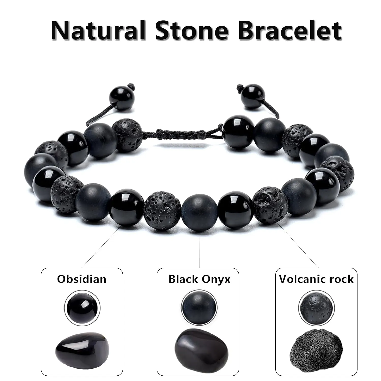 SAMXY Mens Bracelets Beads-8MM Black Onyx Obsidian Lava Stone Beads-2Pcs Handmade Natural Stone Crystal Healing Bracelet-Triple Protection Bracelet for Men Women Gifts