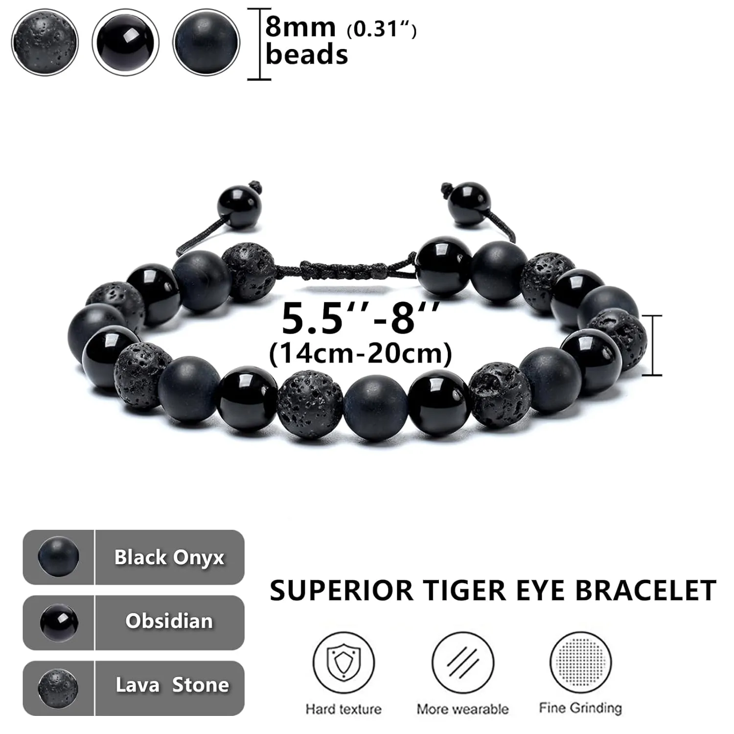 SAMXY Mens Bracelets Beads-8MM Black Onyx Obsidian Lava Stone Beads-2Pcs Handmade Natural Stone Crystal Healing Bracelet-Triple Protection Bracelet for Men Women Gifts