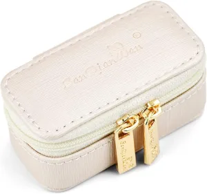 SANQIANWAN Luxury Mini Travel Ring Box for Women,Portable Leather jewelry Case Organizer for Rings Earrings Necklaces,Gift for Wife Girls Friends Family (Pearl White)
