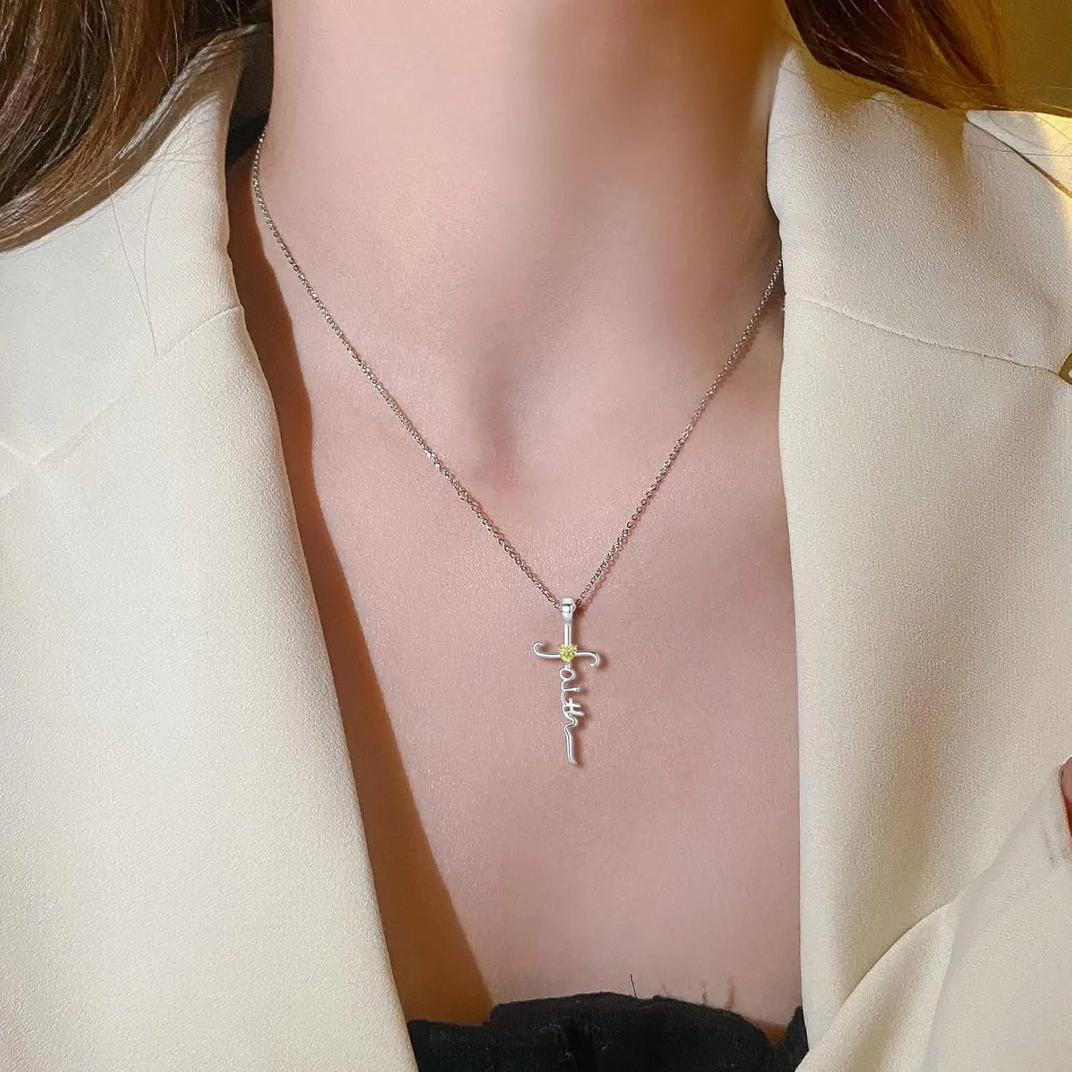 Silver Cross Necklace for Women, Sterling Silver Chain Birthstone Faith Cross Pendant Necklaces Christmas Christian Religious Birthday Gifts for Her, with Gifts Box