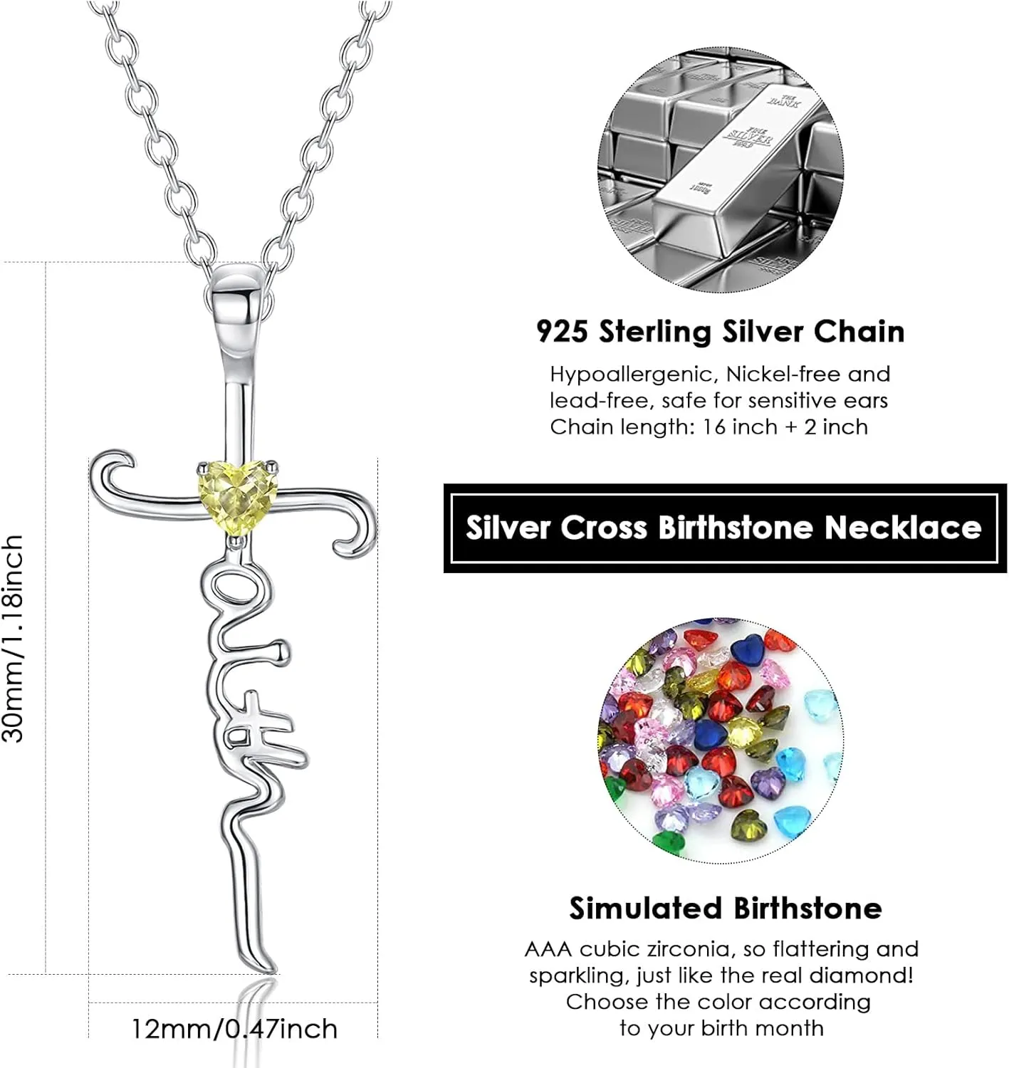 Silver Cross Necklace for Women, Sterling Silver Chain Birthstone Faith Cross Pendant Necklaces Christmas Christian Religious Birthday Gifts for Her, with Gifts Box