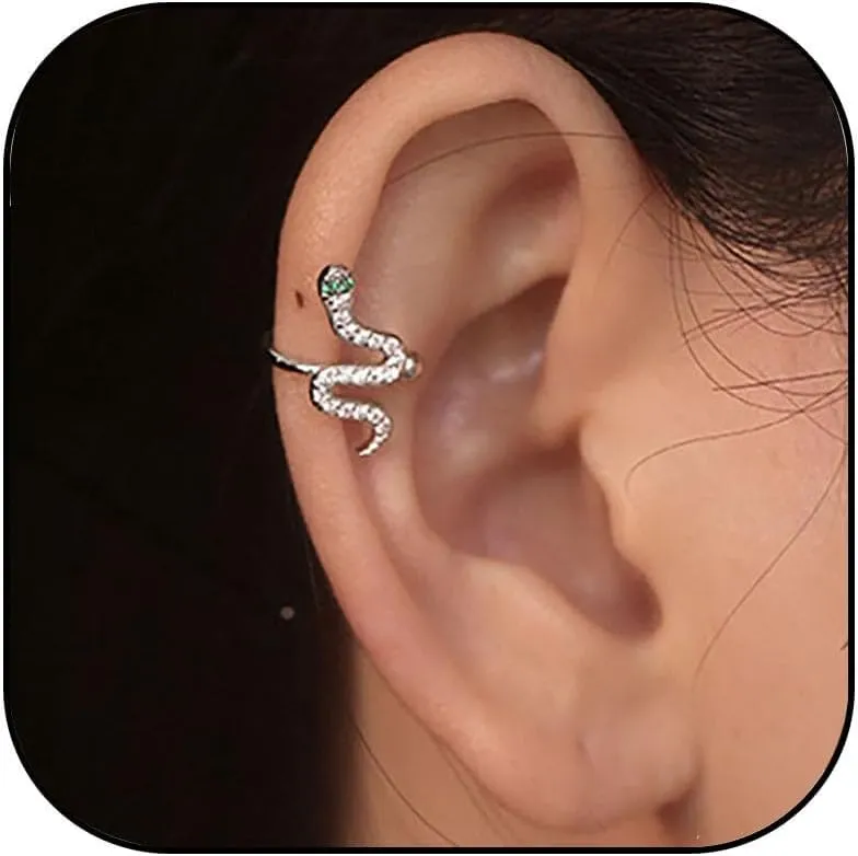 Silver Snake Ear Cuff Earrings for Women Crystal Snake Huggie Ear Cuff Earrings Minimalist No Piercing Clip On Cartilage Gothic Punk Snake Earrings Animal Earrings for Women