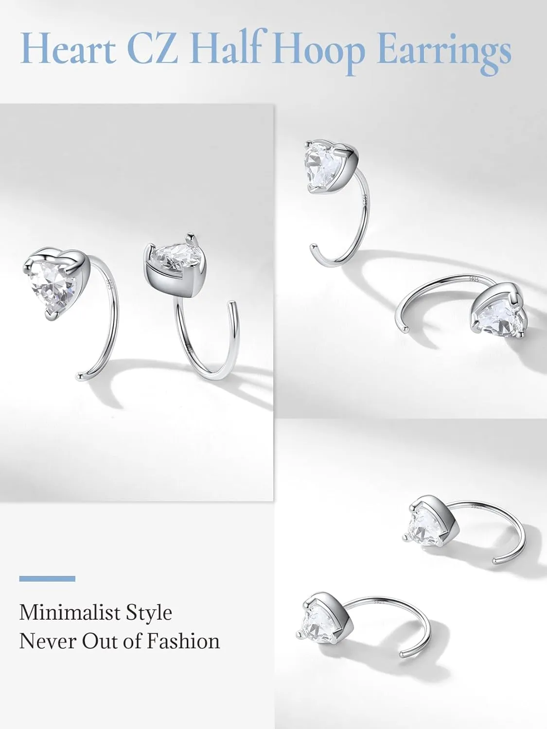 SILVERCUTE 925 Sterling Silver Half Hoop Earrings,Bar/Heart/Moon/Star/Ball/Butterfly/Cubic Zirconia Open Huggie Earrings,Tiny Minimalist Cartilage Earrings for Women