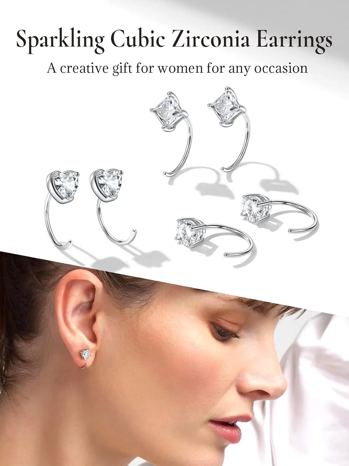 SILVERCUTE 925 Sterling Silver Half Hoop Earrings,Bar/Heart/Moon/Star/Ball/Butterfly/Cubic Zirconia Open Huggie Earrings,Tiny Minimalist Cartilage Earrings for Women
