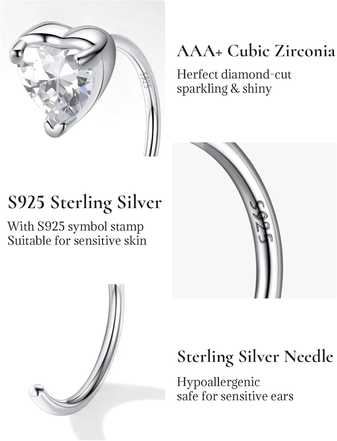 SILVERCUTE 925 Sterling Silver Half Hoop Earrings,Bar/Heart/Moon/Star/Ball/Butterfly/Cubic Zirconia Open Huggie Earrings,Tiny Minimalist Cartilage Earrings for Women
