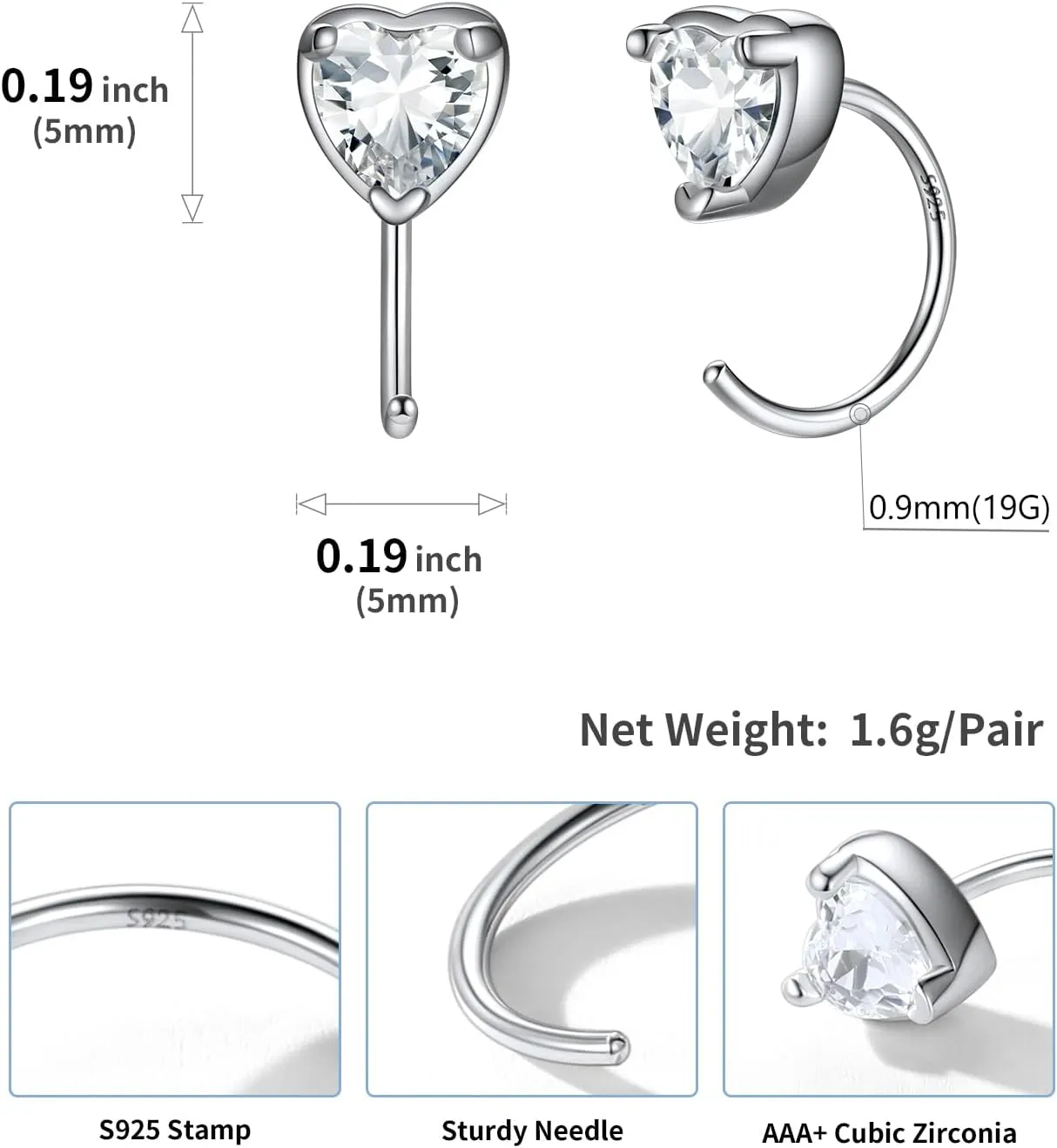 SILVERCUTE 925 Sterling Silver Half Hoop Earrings,Bar/Heart/Moon/Star/Ball/Butterfly/Cubic Zirconia Open Huggie Earrings,Tiny Minimalist Cartilage Earrings for Women