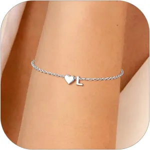 Silvora 925 Sterling Silver Dainty Initial Bracelet with Heart - 6.3"   2" Adjustable Personalized 26 Letter Bracelet Jewelry Heart Bracelet for Women