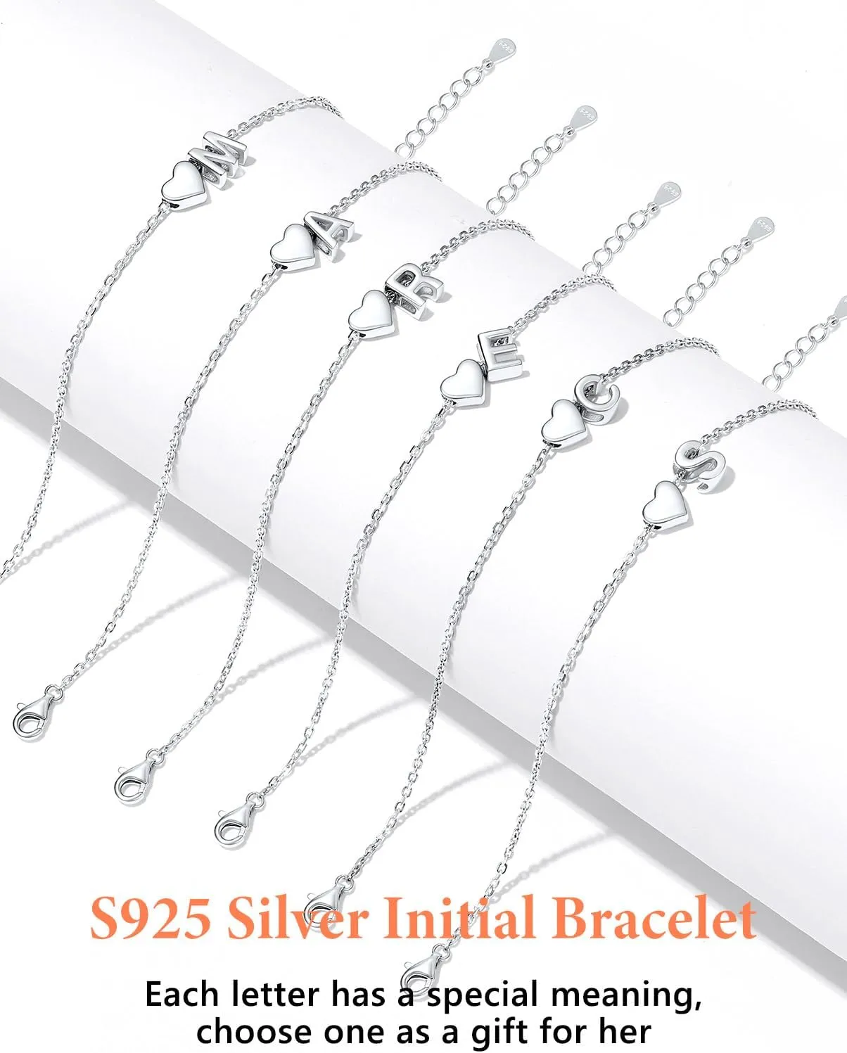 Silvora 925 Sterling Silver Dainty Initial Bracelet with Heart - 6.3"   2" Adjustable Personalized 26 Letter Bracelet Jewelry Heart Bracelet for Women