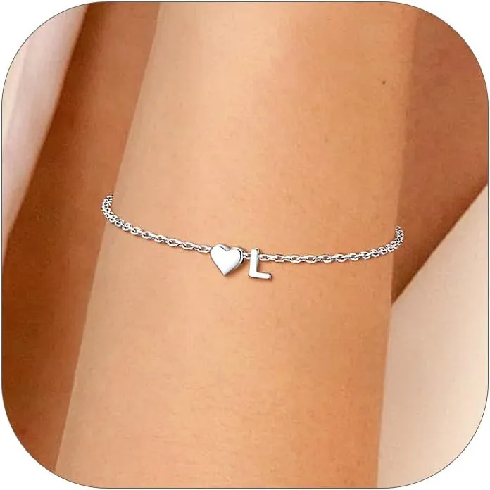 Silvora 925 Sterling Silver Dainty Initial Bracelet with Heart - 6.3"   2" Adjustable Personalized 26 Letter Bracelet Jewelry Heart Bracelet for Women