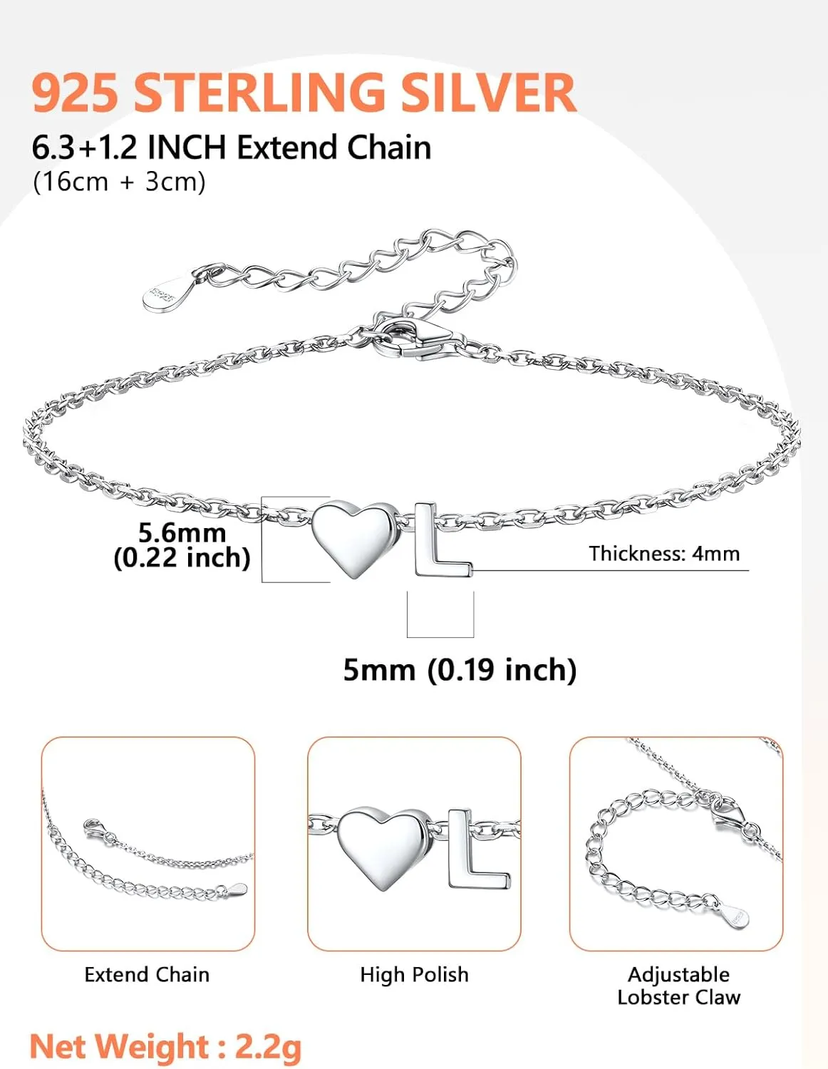 Silvora 925 Sterling Silver Dainty Initial Bracelet with Heart - 6.3"   2" Adjustable Personalized 26 Letter Bracelet Jewelry Heart Bracelet for Women