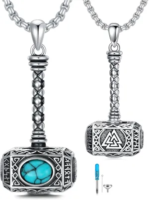 SIMONLY Thors Hammer Necklace 925 Sterling Silver Turquoise Obsidian Tigers Eye Mjolnir Necklace Urn Necklaces for Ashes Viking Cremation Jewelry for Men Women Unisex