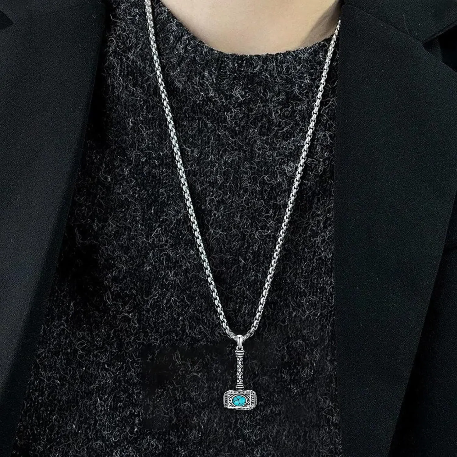 SIMONLY Thors Hammer Necklace 925 Sterling Silver Turquoise Obsidian Tigers Eye Mjolnir Necklace Urn Necklaces for Ashes Viking Cremation Jewelry for Men Women Unisex