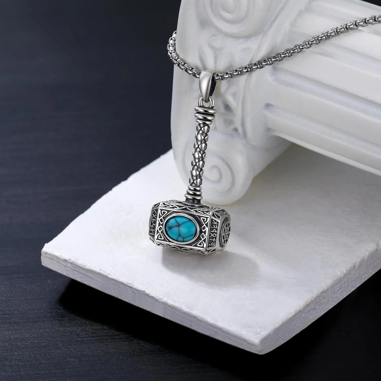 SIMONLY Thors Hammer Necklace 925 Sterling Silver Turquoise Obsidian Tigers Eye Mjolnir Necklace Urn Necklaces for Ashes Viking Cremation Jewelry for Men Women Unisex