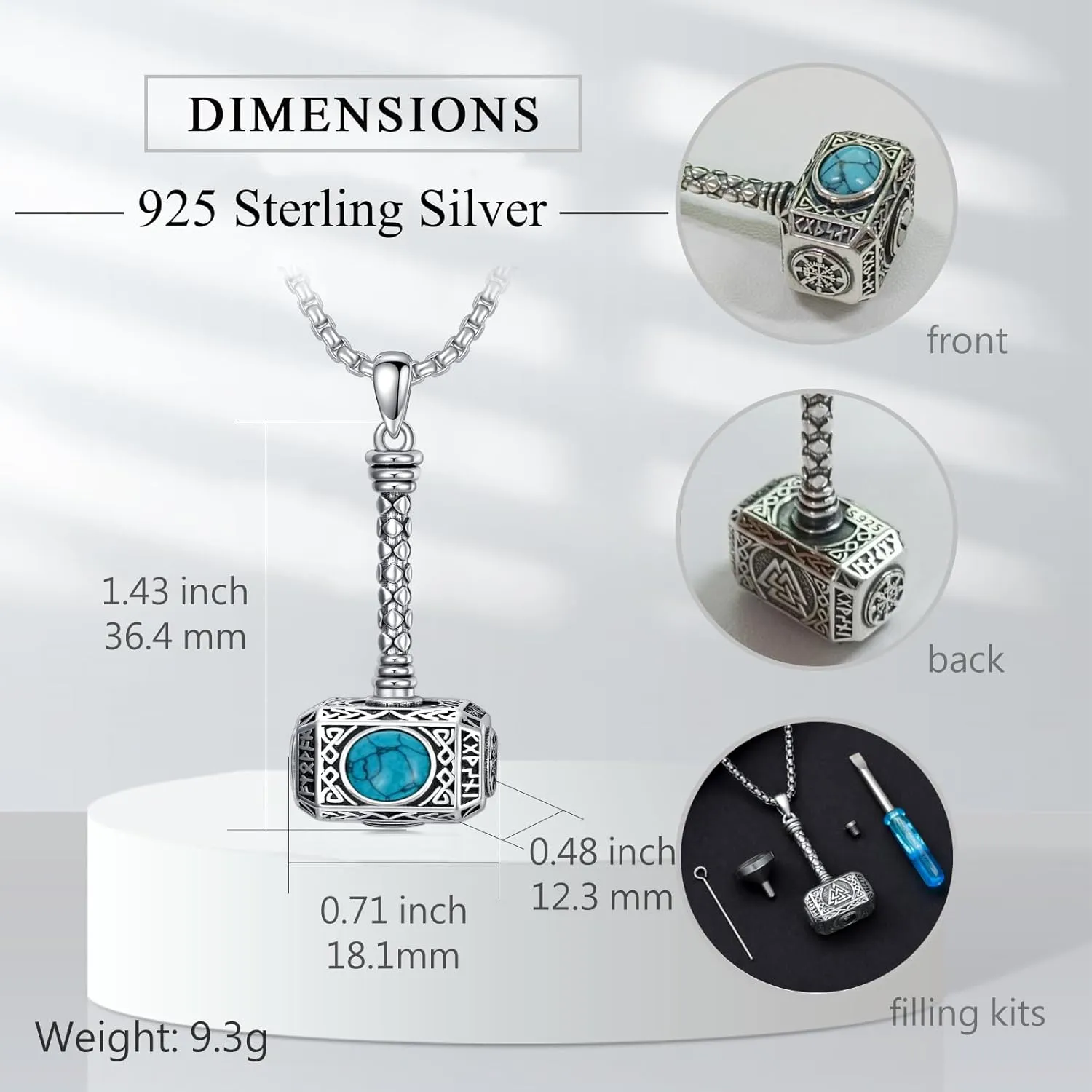 SIMONLY Thors Hammer Necklace 925 Sterling Silver Turquoise Obsidian Tigers Eye Mjolnir Necklace Urn Necklaces for Ashes Viking Cremation Jewelry for Men Women Unisex