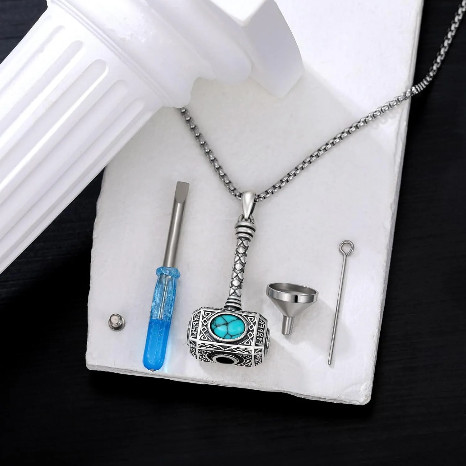SIMONLY Thors Hammer Necklace 925 Sterling Silver Turquoise Obsidian Tigers Eye Mjolnir Necklace Urn Necklaces for Ashes Viking Cremation Jewelry for Men Women Unisex