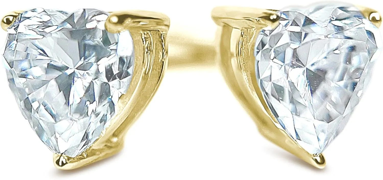 Simulated Diamond Stud Earrings - 14k Yellow Gold, 1ct-2ct Round, Princess, Heart Cut VVS D Color Screw Back Earrings for Women and Men