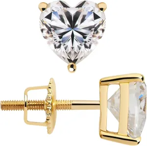 Simulated Diamond Stud Earrings - 14k Yellow Gold, 1ct-2ct Round, Princess, Heart Cut VVS D Color Screw Back Earrings for Women and Men